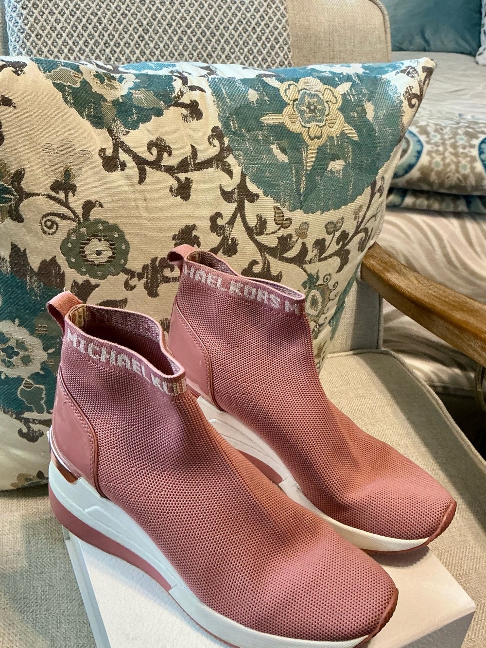 Michael Kors Rose Pink Knit Wedge Slip-On Sneakers
